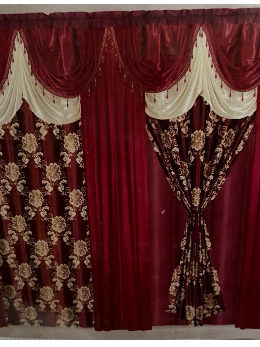 Luxurious Burgundy and Cream Floral Drapery Set by